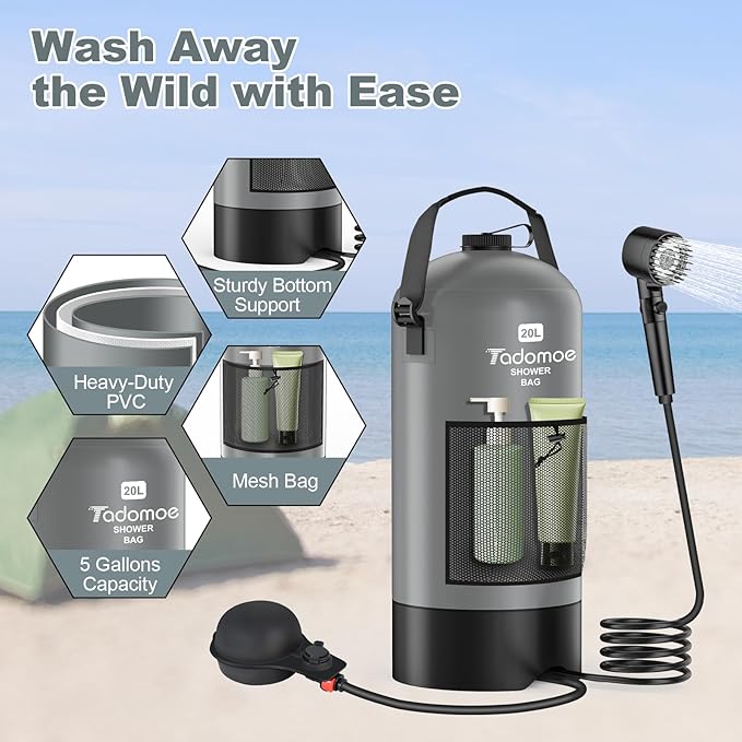Portable Shower for Camping, 5 Gal/20 L Solar Heating Camping Shower Bag with Shower Pump, Portable Shower Head, Essential for Camping,Festivals, Overlanding, Beach Trips,Outdoor Showers