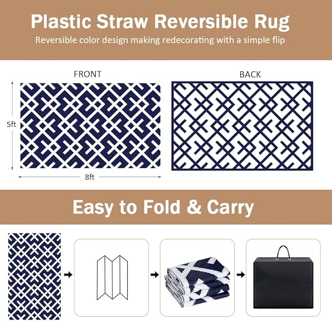 LILIOFFIC Outdoor Rugs - Reversible Mats, 5'x8' Plastic Straw Rug for Patio Clearance Waterproof, Indoor Outdoor Area Rug Carpet for Outside, RV, Deck, Picnic, Beach, Trailer, Camping, Blue & White