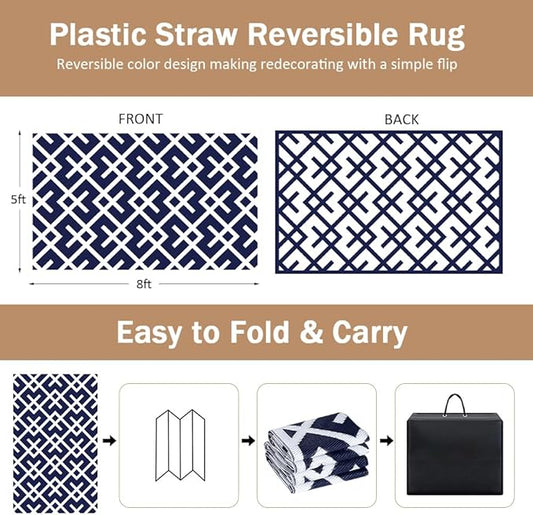 LILIOFFIC Outdoor Rugs - Reversible Mats, 5'x8' Plastic Straw Rug for Patio Clearance Waterproof, Indoor Outdoor Area Rug Carpet for Outside, RV, Deck, Picnic, Beach, Trailer, Camping, Blue & White