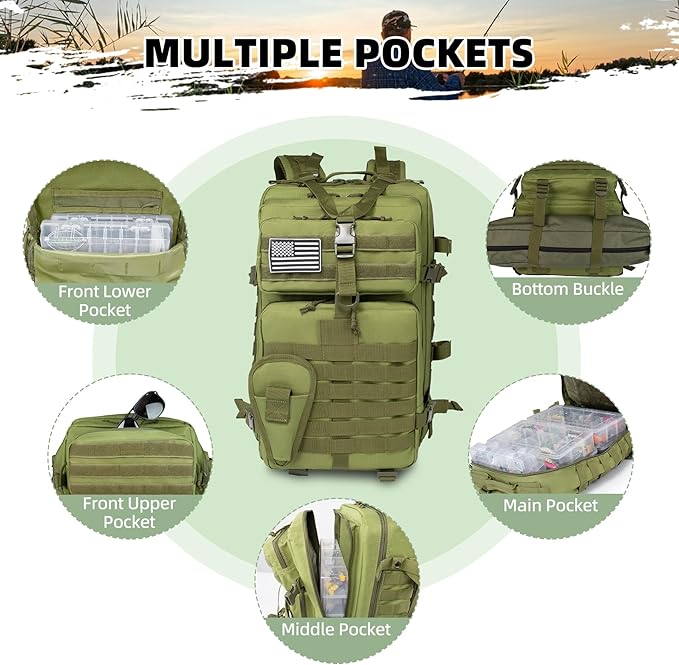 45l Large Fishing Tackle Backpack with Removable Plier Holder & Rod Holders, Green Tactical Bag, Fishing Gear and Tackle Box Organizer, Hiking Rucksack without Tackle Box