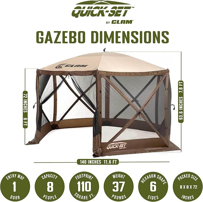 CLAM Pop Up Screen Tent & Shelter, Outdoor Camping Gazebo w/ 6 Wind Panels, 11.5', Brown