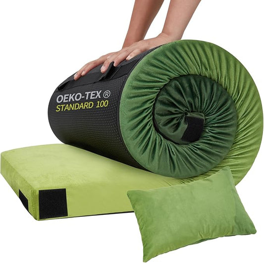 Memory Foam Camping Pad, Camping Sleeping Pad, Camping Mattress Pad with Pillow & Travel Bag, Portable Floor Mat Roll Up for Guest Adults Side Sleepers Indoor Outdoor Travel