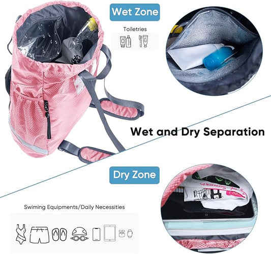 Beach Swim Bag Sports Drawstring Backpack - Gym Bag with Shoes Compartment and Waterproof Pocket for Accessories, Swim Essentials - Workout Bag