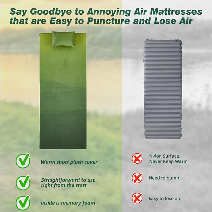 Memory Foam Camping Pad, Camping Sleeping Pad, Camping Mattress Pad with Pillow & Travel Bag, Portable Floor Mat Roll Up for Guest Adults Side Sleepers Indoor Outdoor Travel