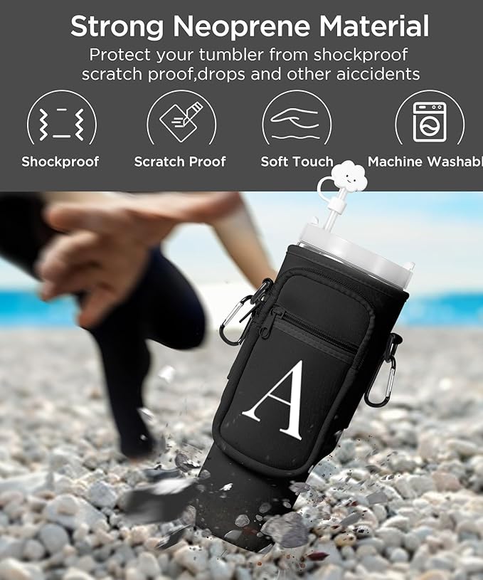 dabria Initial A-Z Water Bottle Bag with Phone Pocket for Stanley 40 oz Tumbler Neoprene Water Bottle Holder Pouch with Adjustable Strap Bollus with Straw Cover & Carabiner for Stanley Cup Accessories