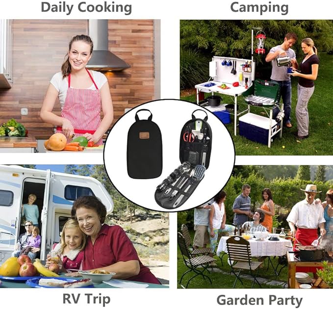 Camp Kitchen Utensil Organizer Travel Set Portable BBQ Camping Cookware Stainless Steel Utensils Travel Kit Outdoor Equipment Cutting Board Tongs Scissors Knife Ladle Spatula