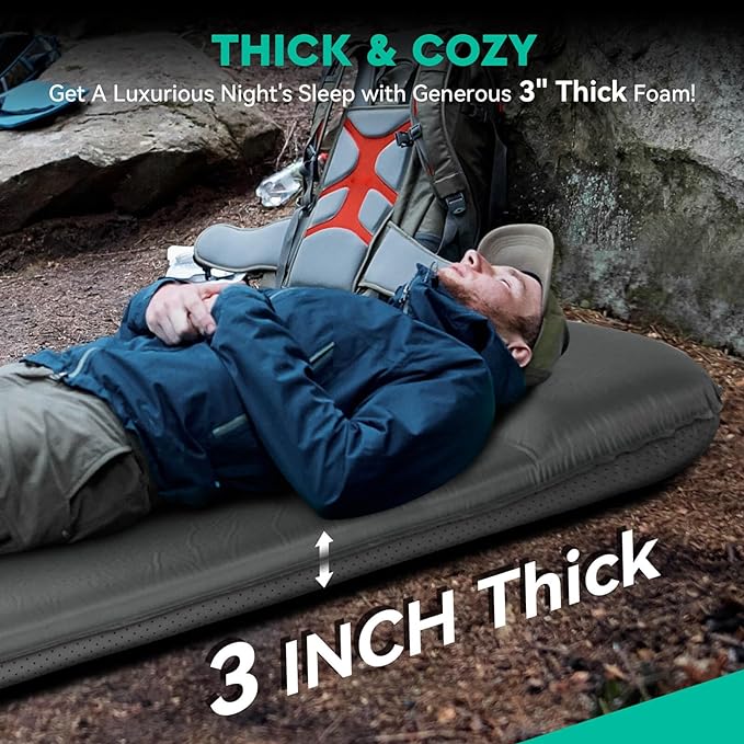 Hikenture Self Inflating Sleeping Pad for Camping, 3'' Ultra Thick Camping Pad with Pillow, 9.5 R-Value Insulated Camping Mattress, 4-Season Inflatable Foam Camping Mat for Car, Tent, Cot