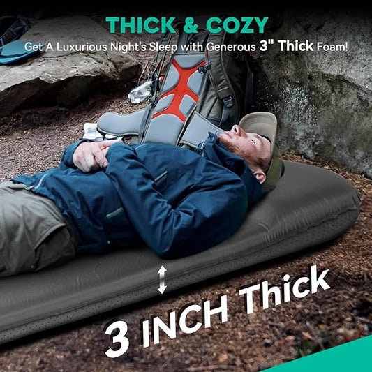 Hikenture Self Inflating Sleeping Pad for Camping, 3'' Ultra Thick Camping Pad with Pillow, 9.5 R-Value Insulated Camping Mattress, 4-Season Inflatable Foam Camping Mat for Car, Tent, Cot