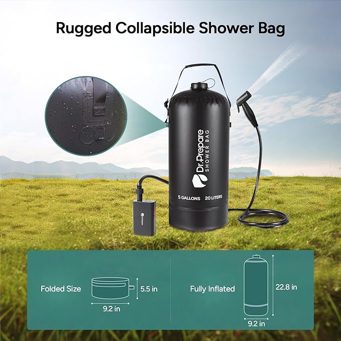 DR.PREPARE Camping Shower, 4 Gallons/5 Gallons Portable Shower with Rechargeable Electric Pump, Outdoor Shower Bag for Camping, Hiking, Traveling, Beach