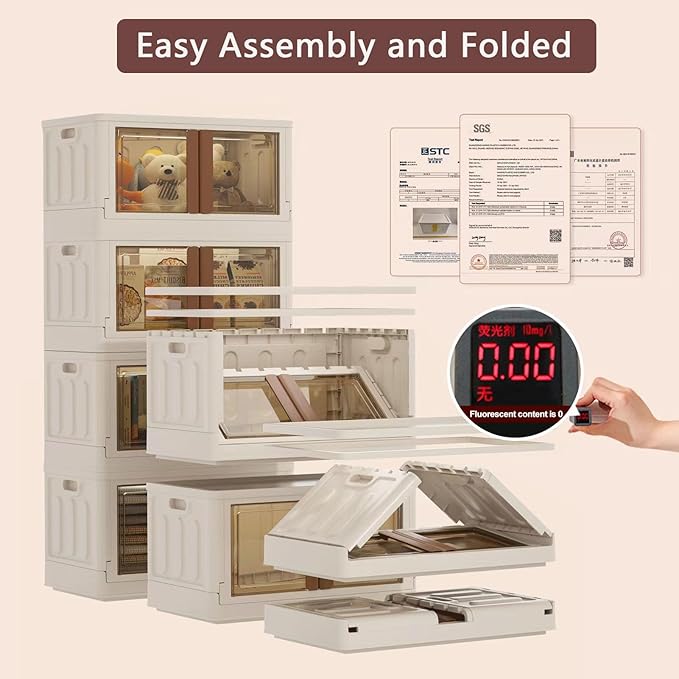 8.4Gal Collapsible Storage Bins with Lids & Wheels - 4 Pack Stackable with Doors, Heavy-Duty Plastic Containers for Home/Office, Milk White