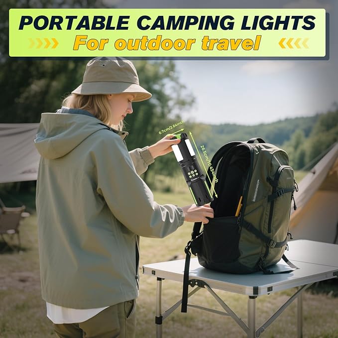 Telescopic Camping Lights with Stand, 5000LM Rechargeable LED Flashlight, 9 Color Modes, Collapsible Tent Lantern with Reflective Strips, Magnetic Base for Power Outages, Camping & Emergency