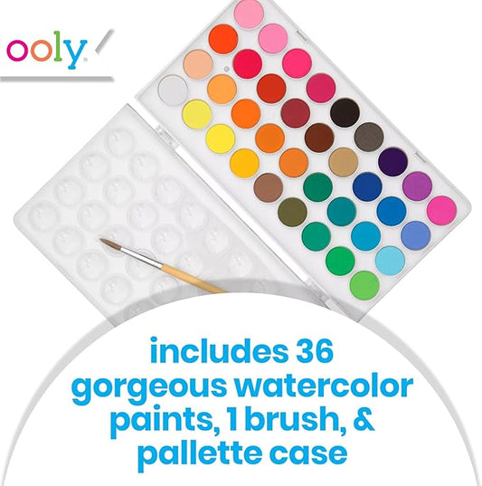 Ooly Lil' Watercolor Washable Paint Pods Set with Brush, 36 colors & 1 Paintbrush, Washable Watercolors in a Portable Case, School and Art Supplies for All Ages, Bright & Vibrant Colors