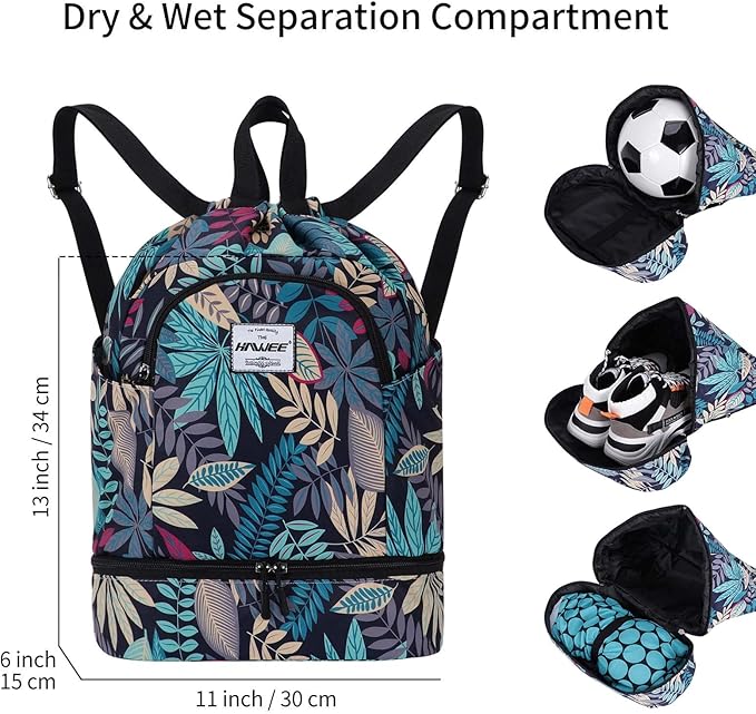 Dry Wet Drawstring Backpack with Shoe Compartment for Women Adjustable Gym Bag