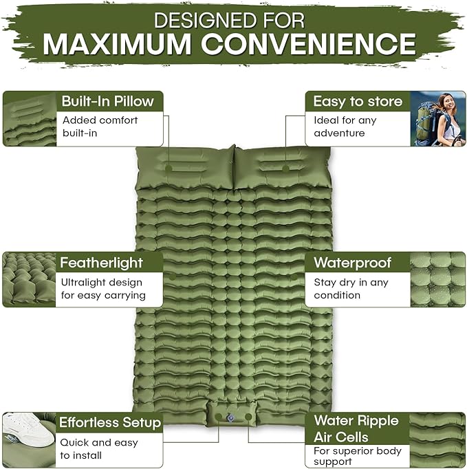 IFORREST Self-Inflating Double Sleeping Pad - Fast 60s Foot Pump 2 Person Ultralight Air Mattress - Ideal for Camping, Hiking and Backpacking