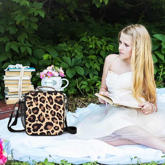 Pardick Leopard Lunch Box for Kids,Students Leopard Animal Skin Print Lunch Bag Tote with Adjustable Shoulder Strap,Insulated Thermal Girls Boys Lunchbox Cooler Bag for School Picnic Travel Outdoor