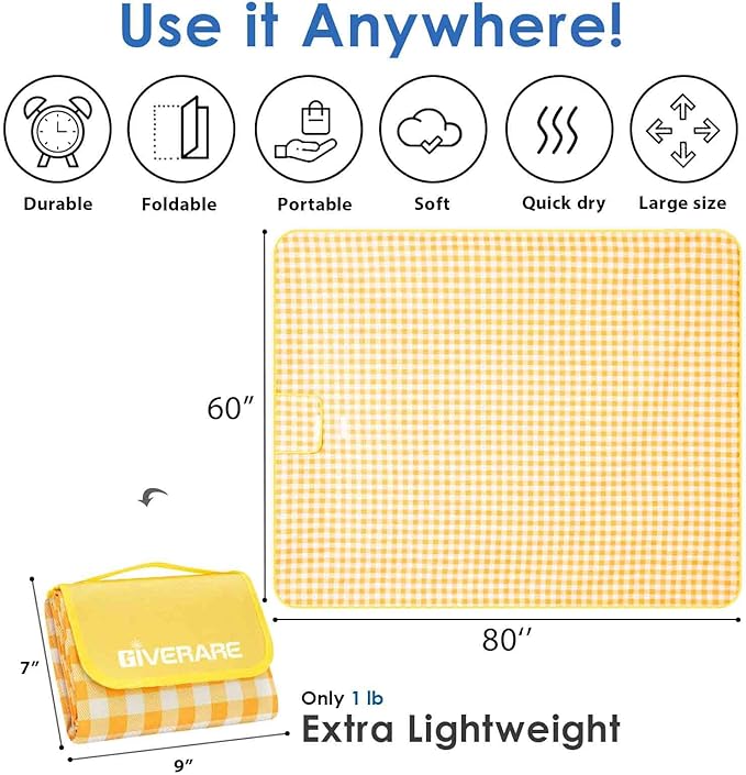 Picnic Beach Blanket Extra Large, XL Sandproof Waterproof Outdoor Camping Blankets 80x60in, Sand Free Oversized Mat, Quick Drying Portable Mats for Travel, Hiking, Music Festival, Lawn-Yellow