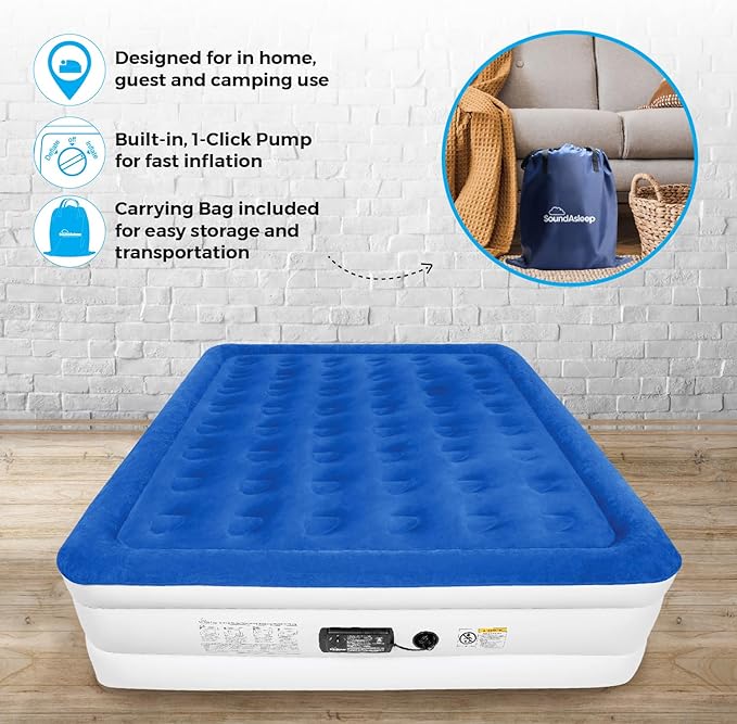 SoundAsleep Dream Series Luxury Air Mattress with ComfortCoil Technology & Built-in High Capacity Pump for Home & Camping- Double Height, Adjustable, Inflatable Blow Up, Portable - King Size