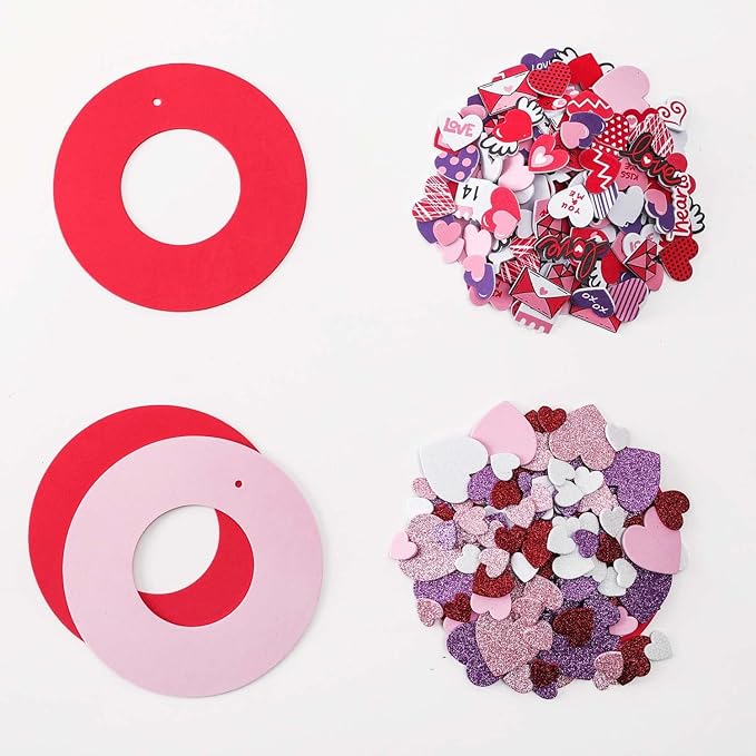 TINYFUTURE 18 Sets DIY Valentine's Day Foam Wreath Crafts Kits Decorations Self Adhesive Heart Sticker Love Heart Letter Shiny Sticker for Kids Party Favors Fun Classroom Home Activities