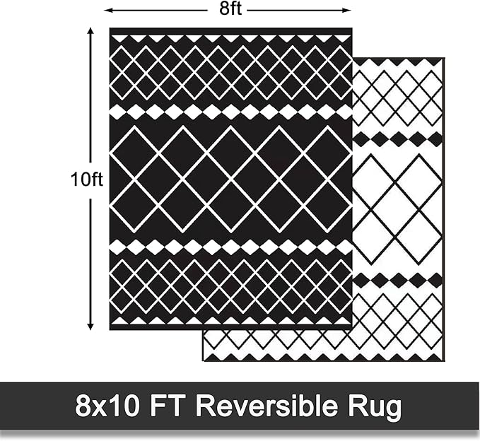 Outdoor Rugs 8x10 for Patios Clearance,Waterproof Mats for Camping,Porch,RV, Portable Plastic Straw Area Rugs Carpet for Picnic,Reversible,Black and White