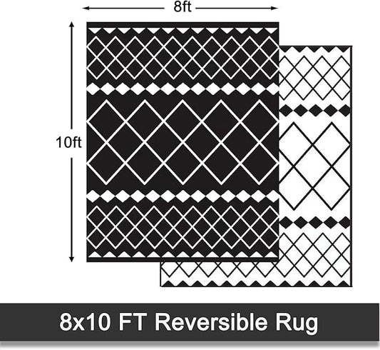 Outdoor Rugs 8x10 for Patios Clearance,Waterproof Mats for Camping,Porch,RV, Portable Plastic Straw Area Rugs Carpet for Picnic,Reversible,Black and White