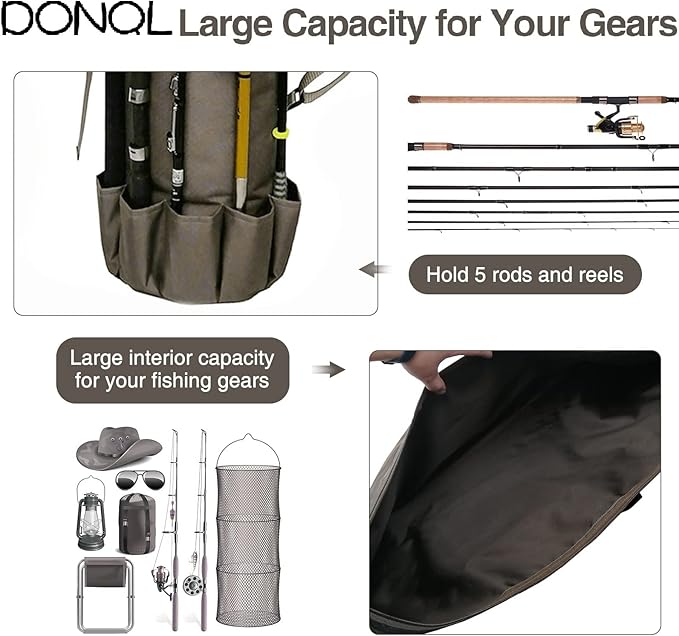 DONQL Fishing Rod Bags Outdoor Fishing Pole Holders Multifunction Camping Portable Canvas Backpack Case Fish Rod Storage Bag Fishing Rod Case Holding 5 Poles & Fishing Tackles (Khaki)