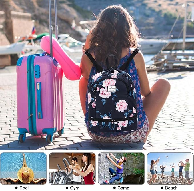 Dry Wet Drawstring Backpack with Shoe Compartment for Women Adjustable Gym Bag