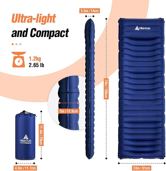 Hikenture Camping Mattress Ultra-Thick 5 Inch,Ergonomic Sleeping Pad with Pillow,Backpacking Sleeping Mat,Ultralight,Inflatable &Compact Camp Air Mattress for Tent,Cot,Hammock(1100-B)