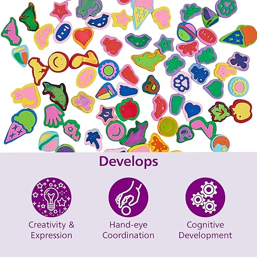 Colorations Mega Foam Stamper Mix, Bulk, Value Pack, 80 Stamps, 25 Assorted designs, EVA Foam, for Kids, Arts & Crafts, Educational, Gift, Non-Toxic, Learning, Stamping