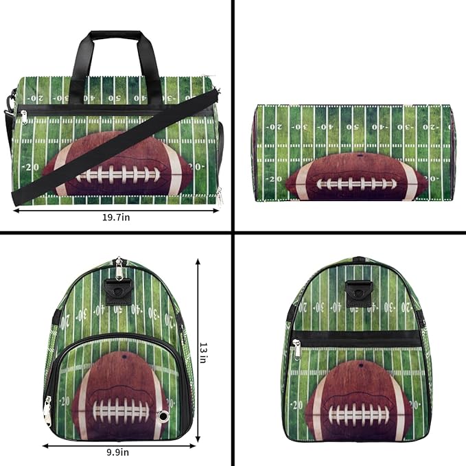 American Football Field And Ball Dry Wet Depart Duffle Overnight Bag with Shoes Compartment & Wet Pockets, Water Resistant Weekender Travel Gym Pouch For Swim Gymnastics Ballet Sleepovers