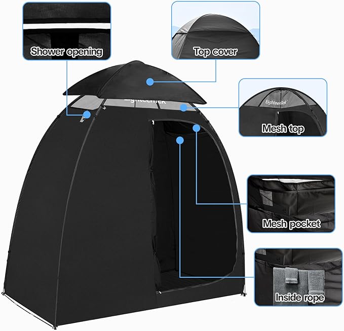 EighteenTek Camping Shower Tent Changing Room with Fixed Floor 2 Rooms and Doors Outdoor Pop Up Camping Toilet Portable Privacy Dressing Shelter with Carry Bag 83"x43"x80" (2 Rooms+1 Door+Black)