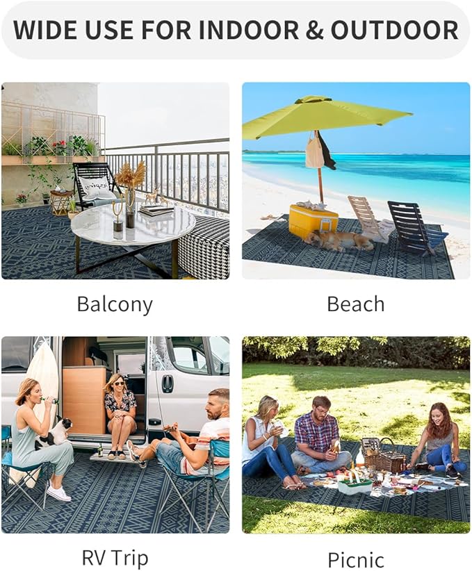 MontVoo Outdoor Rug 8x10 Waterproof Outdoor Patio Rug Mat Reverisble Plastic Straw Outdoor Rug for RV Camping Picnic Beach Balcony Boho Blue Green