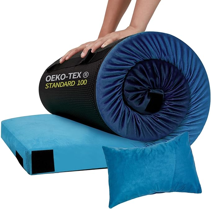 Memory Foam Camping Pad, Camping Sleeping Pad, Camping Mattress Pad with Pillow & Travel Bag, Portable Floor Mat Roll Up for Guest Adults Side Sleepers Indoor Outdoor Travel