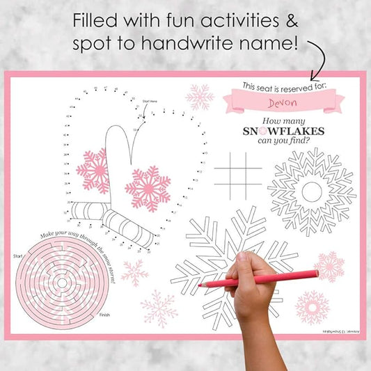 Big Dot of Happiness Pink Winter Wonderland - Paper Holiday Snowflake Birthday Party and Baby Shower Coloring Sheets - Activity Placemats - Set of 16