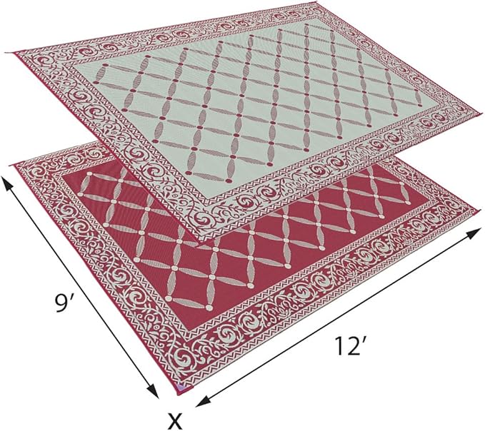 Stylish Camping 119125 9-feet by 12-feet Reversible Mat, Plastic Straw Rug, Large Floor Mat for Outdoors, RV, Patio, Backyard, Picnic, Beach, Camping (Burgundy/Beige)