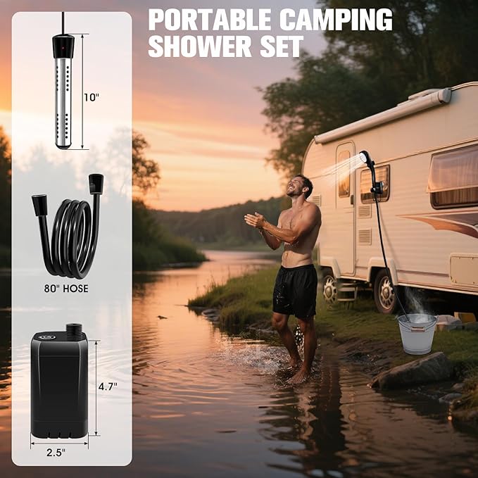 Portable Shower with Heater, 6000mAh Battery Powered Portable Shower for Camping with 2000W Auto-Off Heater, Spray Adjustable Camping Shower with Heater, Digital Power & Temperature Display for Hiking