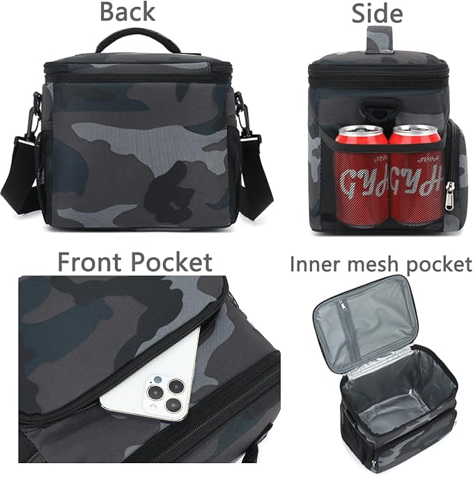 Insulated Reusable Lunch Bag Adult Large Lunch Box for Women and Men with Adjustable Shoulder Strap,Front Zipper Pocket and Dual Large Mesh Side Pockets,Black Camo