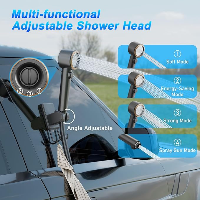 GOSCHE Portable Camping Shower, 8000mAh Rechargeable Outdoor Shower Pump with 20L Collapsible Bucket, Intelligent LED Display, IPX8 Waterproof Pump for RV, Travel, Hiking, Pet Bath, Beach