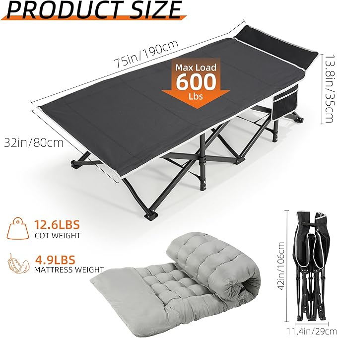 Portable Camping Cot, 32" Extra Wide Camping Cots for Adults with Thick Mattress, Heavy Duty Sleeping Cot Holds Up to 600LBS, Cots for Sleeping, Rv, Beach, Patio, Office Naps(Grey)