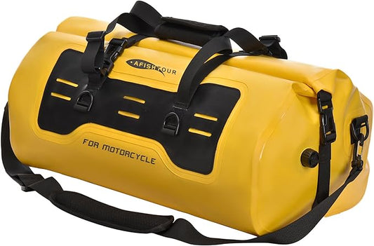 40L Waterproof Motorcycle Duffel Bag - Motorcycle Luggage Tail Bag with Straps for Back Seat - Roll Top Dry Bag for Kayaking, Rafting, Boating, Camping, Travel, Beach (Yellow)