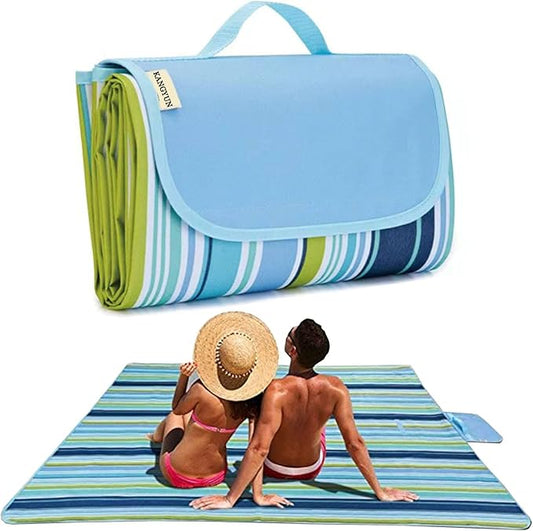 K Y KANGYUN Picnic Blanket | Beach Mat| Picnic Blankets for Indoor and Outdoor, 80" x 60" Sandproof Waterproof Larger Mats for Travel, Camping, Hiking, Park Grass, Handy Tote, Foldable (Blue Line)