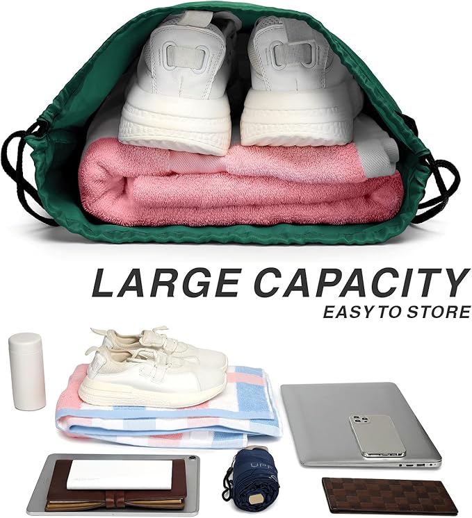BuyAgain Drawstring Backpack Sports Water Resistant String Bag Sport Gym Sackpack for Women Men Large with Zipper (Hunter Green)