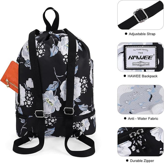 Dry Wet Drawstring Backpack with Shoe Compartment for Women Adjustable Gym Bag