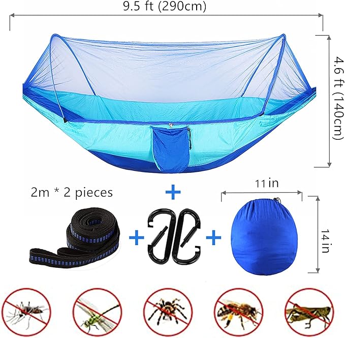 LFL Camping Hammock with Mosquito Net, Hammocks with Tree Straps Carabiners, 1 & 2 Persons Outdoor Portable Tree Straps Swing Hammock, Nylon Parachute Outside Material Hammocks, Blue