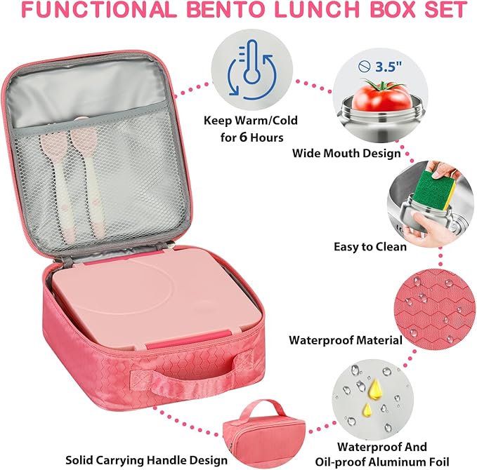 Bento Lunch Box Set for Kids with 8oz Soup Thermo, Leak-Proof Lunch Containers with 4 Compartment, Kids Thermo Hot Food Jar and Insulated Lunch Bag for Kid to School-Pink