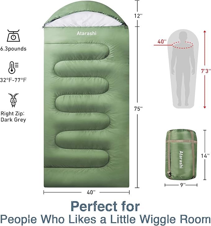 Atarashi Camping Sleeping Bag- 4 Seasons for Adults, Light, Warm, Extra-Large with Compression Sack- Great for Hiking, Backpacking & Outdoor Adventures