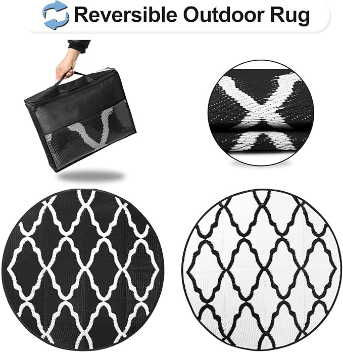 OutdoorLines Indoor Outdoor Rugs for Patio 8 Feet - Reversible Outside Carpet, Stain & UV Resistant Portable RV Mats, Plastic Straw Rug for Camping, Pool Deck, Porch Moroccan/Black & White