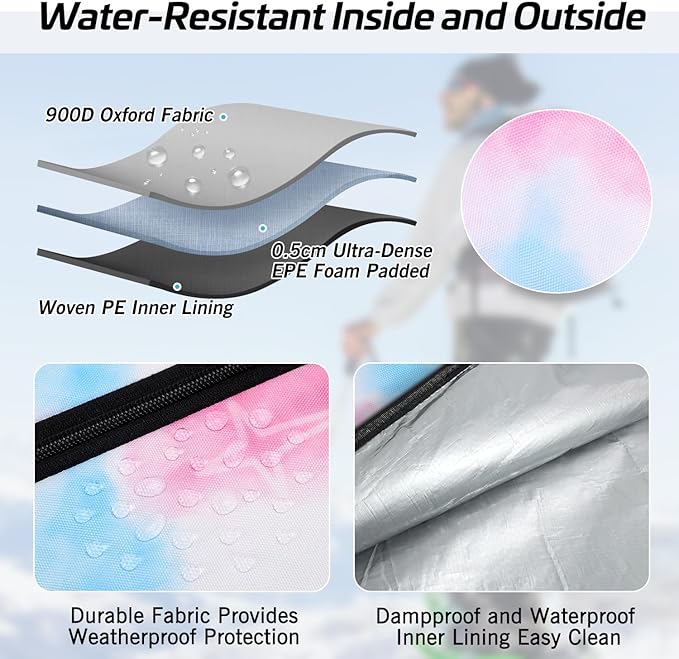 Padded Ski Bag - Waterproof, Adjustable Length, Fits Skis Up to 200cm, Portable Snow Travel Bag with Removable Shoulder Strap