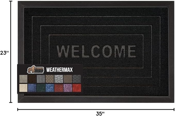 GORILLA GRIP 100% Waterproof All-Season WeatherMax Doormat, 23x35, Durable Natural Rubber, Stain and Fade Resistant, Low Profile, Indoor Outdoor Doormats, Easy Clean Patio Entry Mat, Black Welcome