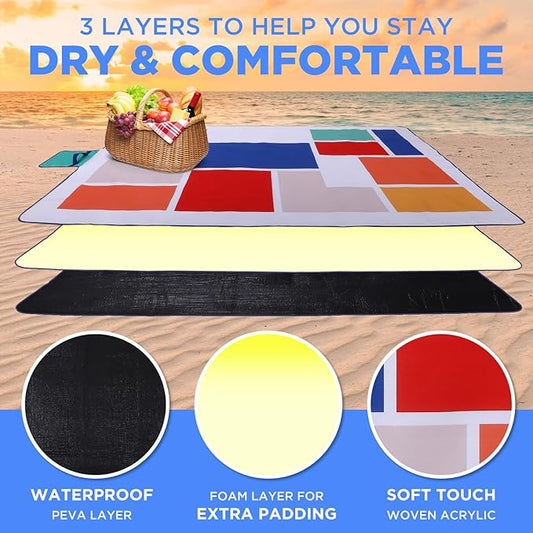 scuddles Picnic Blanket Extra Large 60 X 80, 3 Layers Outdoor Blanket, Water-Resistant Handy Mat Tote Spring Summer Blanket for The Beach