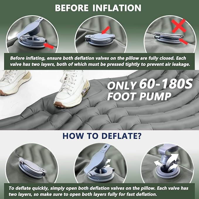 Double Sleeping Pad for Camping - Ultralight Camping Mattress with Pillow, Built-in Foot Pump, Compact Inflatable 2-Person Portable Mat for Backpacking, Hiking, Car Traveling, Beach, Tent